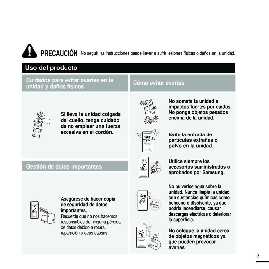 Samsung YP-Z5QB/ELS Cuidados para evitar averías en la unidad y daños físicos, Gestión de datos importantes, Preparation 