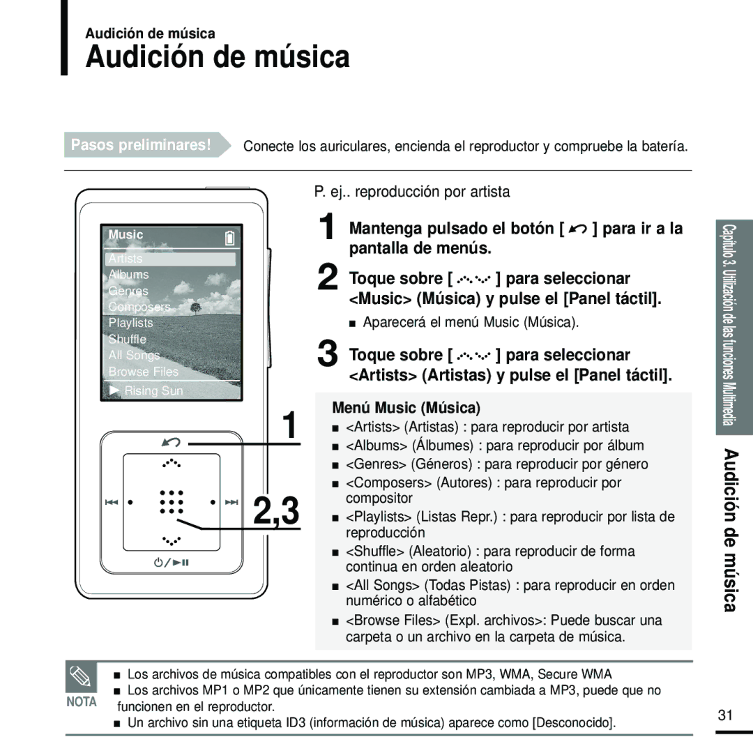 Samsung YP-Z5FQS/ELS, YP-Z5FZS/XET manual Audición de música, Mantenga pulsado el botón para ir a la pantalla de menús 