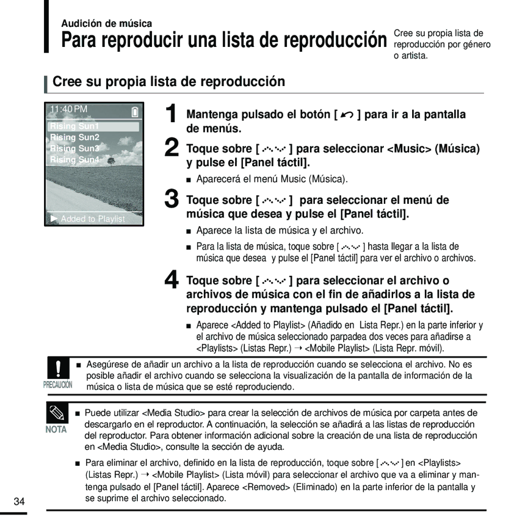 Samsung YP-Z5FZP/XET, YP-Z5FZS/XET manual Cree su propia lista de reproducción, Aparece la lista de música y el archivo 