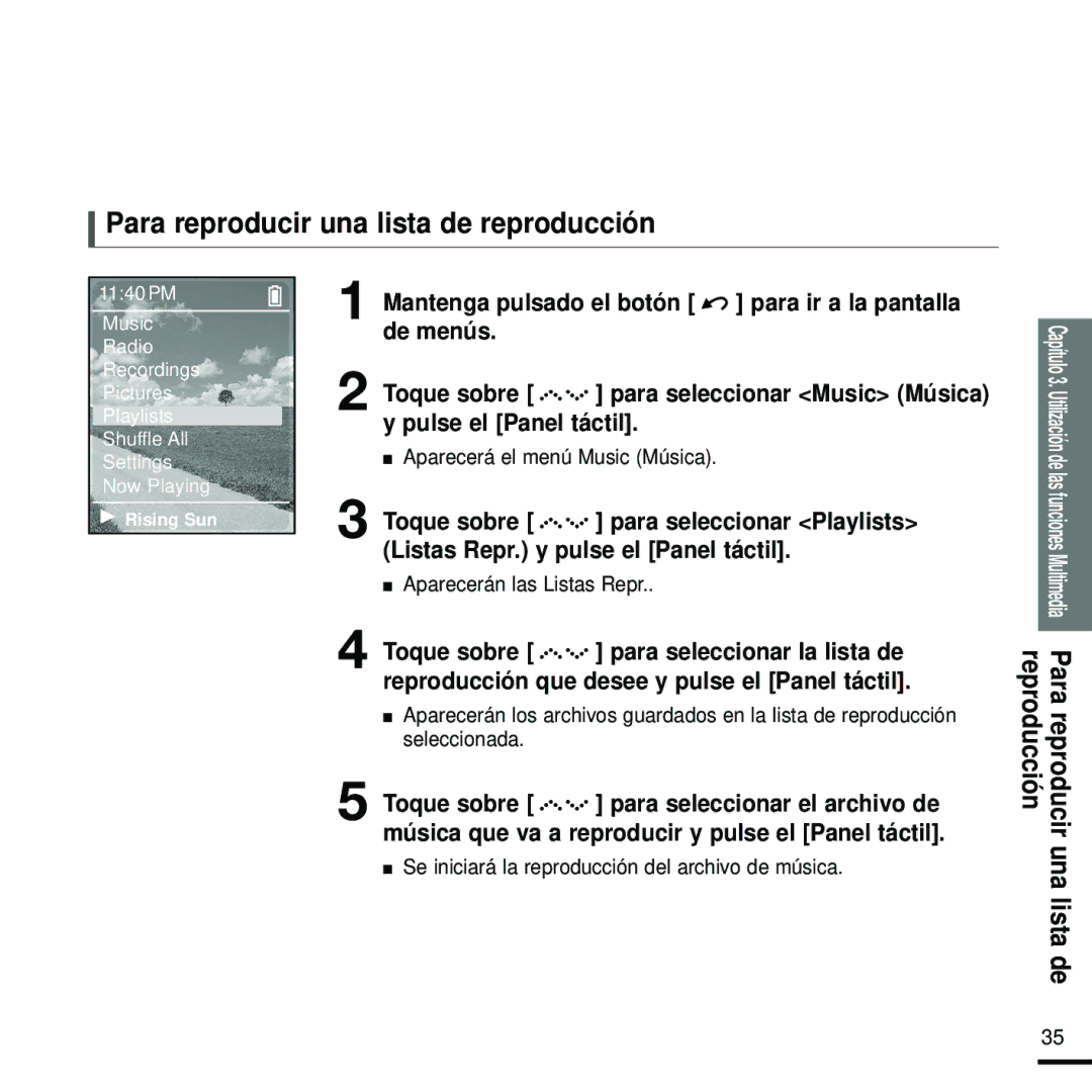 Samsung YP-Z5FZB/XET, YP-Z5FZS/XET, YP-Z5FQS/ELS manual Para reproducir una lista de reproducción, Aparecerán las Listas Repr 