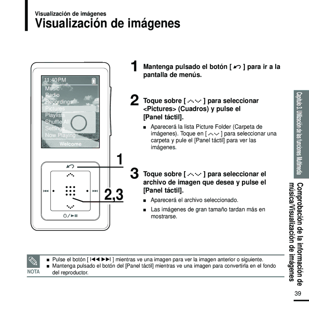 Samsung YP-Z5FAB/XET, YP-Z5FZS/XET, YP-Z5FQS/ELS, YP-Z5FZW/XET, YP-Z5QB/ELS, YP-Z5FZP/XET manual Visualización de imágenes 