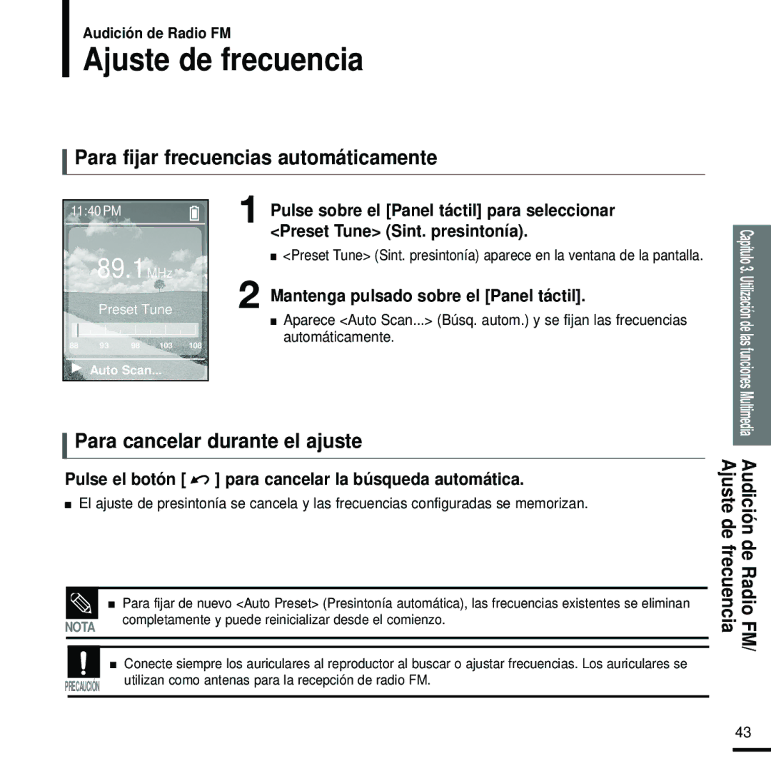 Samsung YP-Z5ZB/ELS manual Ajuste de frecuencia, Para fijar frecuencias automáticamente, Para cancelar durante el ajuste 