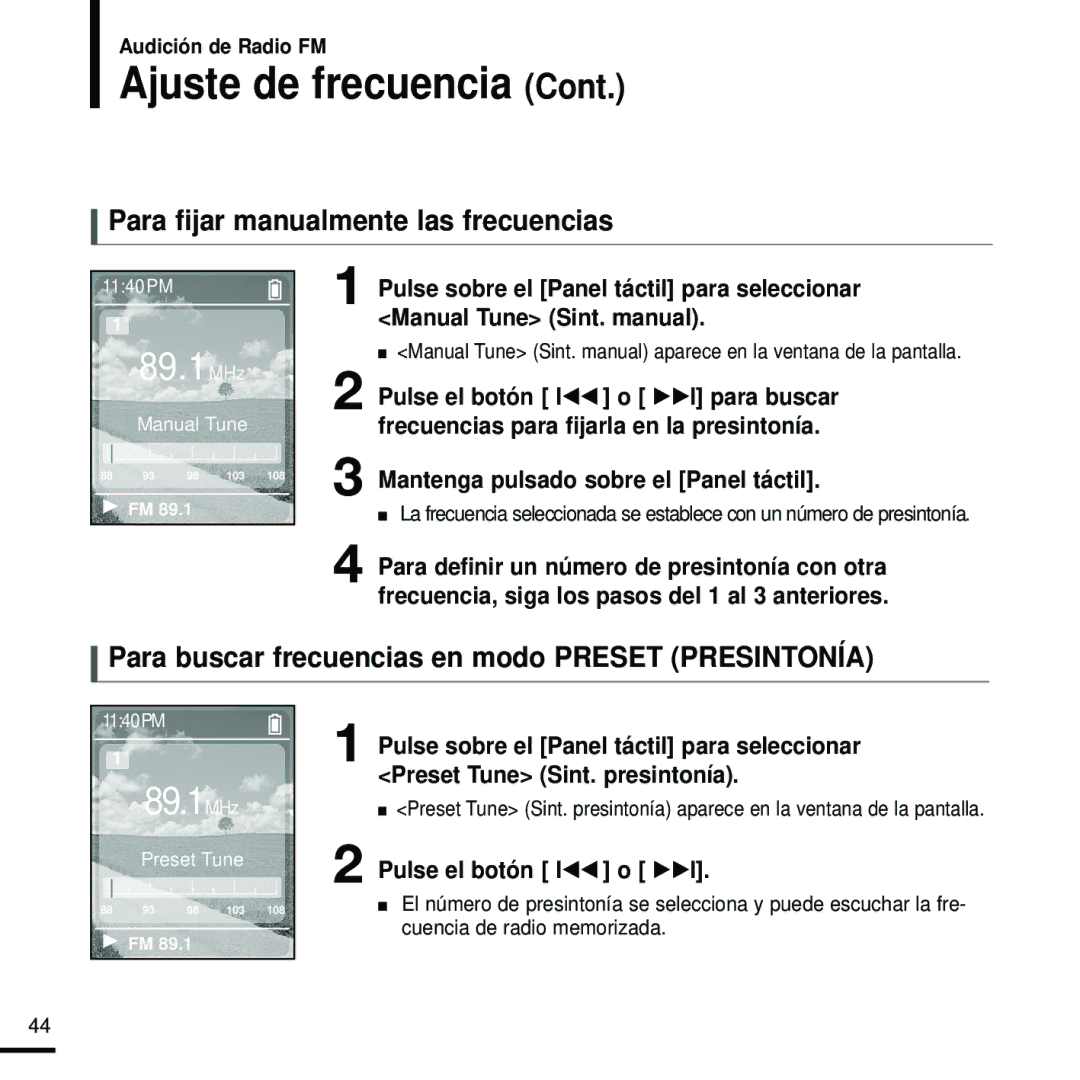 Samsung YP-Z5FAS/XET Para fijar manualmente las frecuencias, Para buscar frecuencias en modo Preset Presintonía 