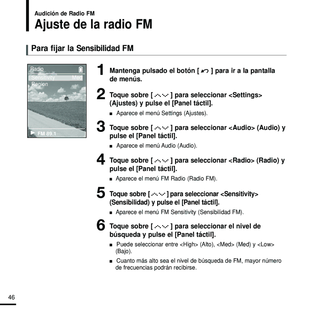 Samsung YP-Z5FQS/ELS, YP-Z5FZS/XET, YP-Z5FZW/XET, YP-Z5QB/ELS manual Ajuste de la radio FM, Para fijar la Sensibilidad FM 