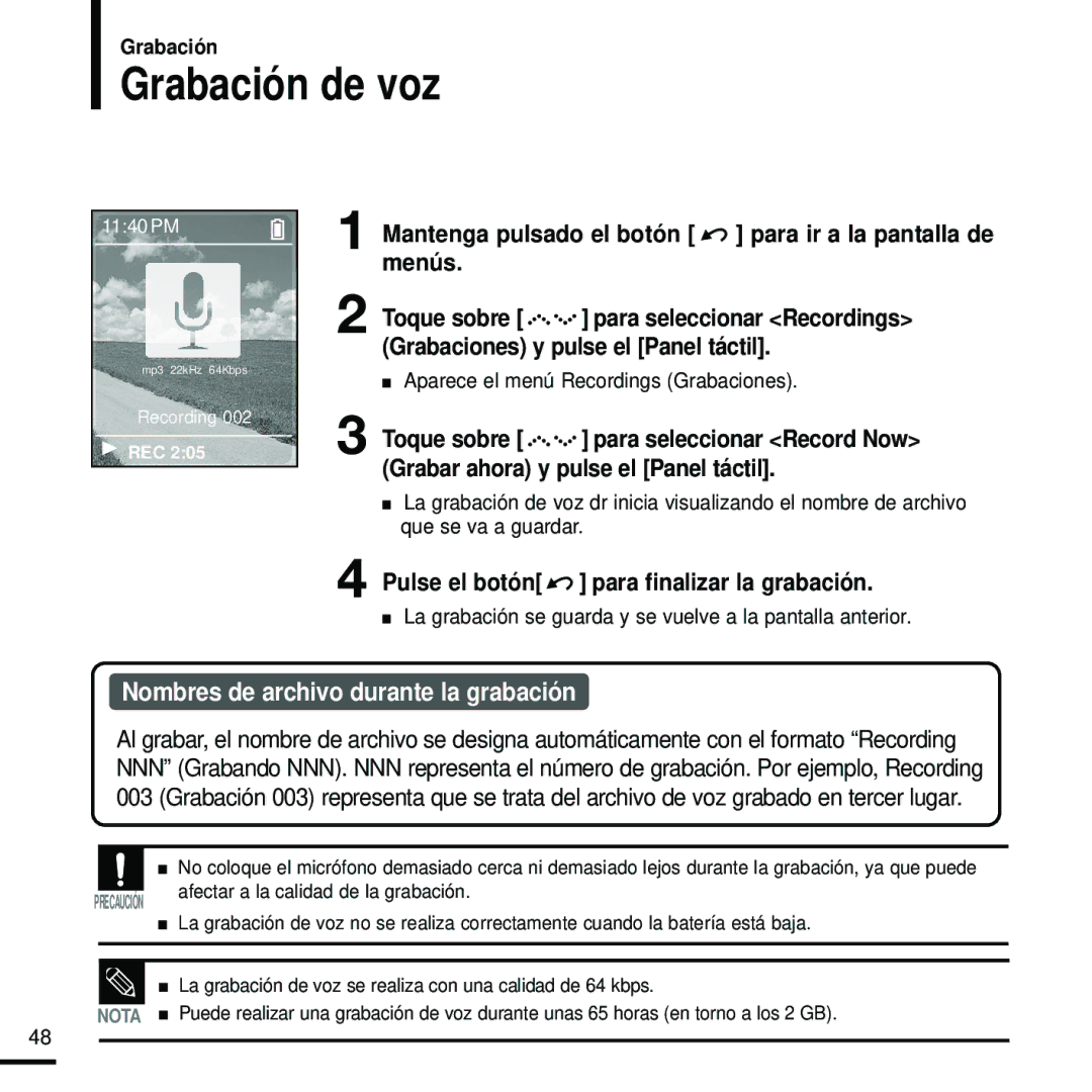 Samsung YP-Z5QB/ELS, YP-Z5FZS/XET, YP-Z5FQS/ELS, YP-Z5FZW/XET manual Grabación de voz, Aparece el menú Recordings Grabaciones 