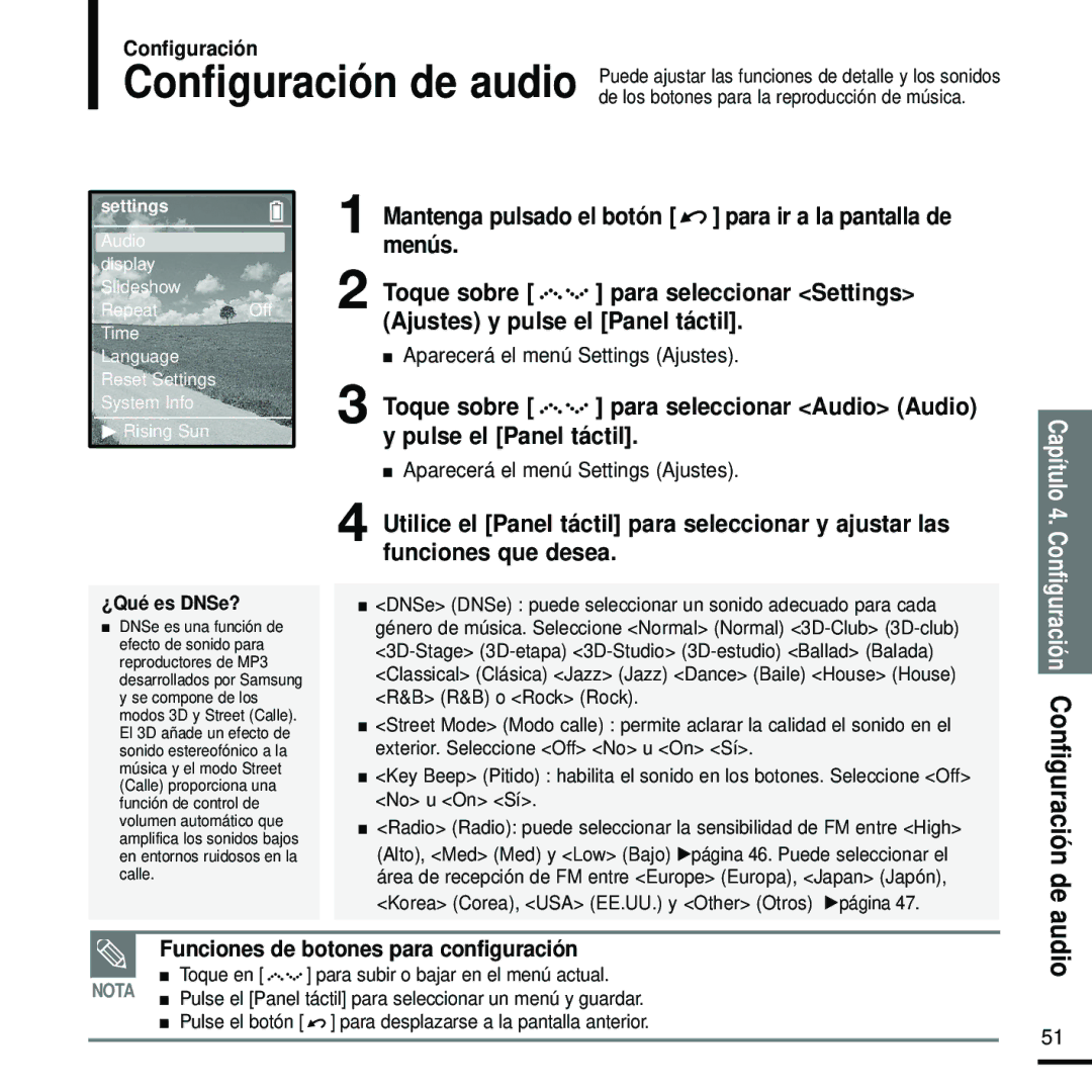 Samsung YP-Z5FQW/XET Menús, Toque sobre, Para seleccionar Settings, Ajustes y pulse el Panel táctil, Pulse el Panel táctil 