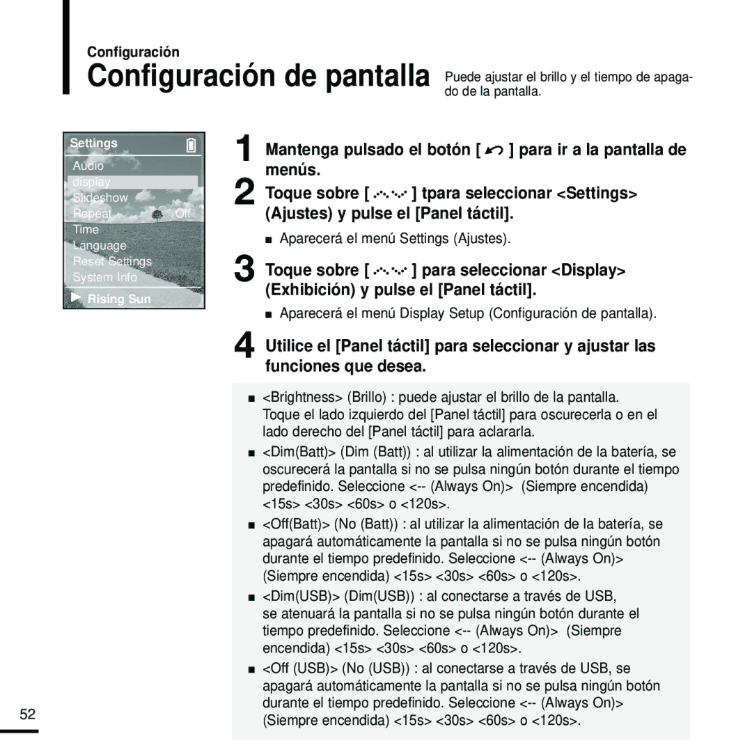 Samsung YP-Z5FQS/XET, YP-Z5FZS/XET, YP-Z5FQS/ELS Configuración, Mantenga pulsado el botón para ir a la pantalla de menús 