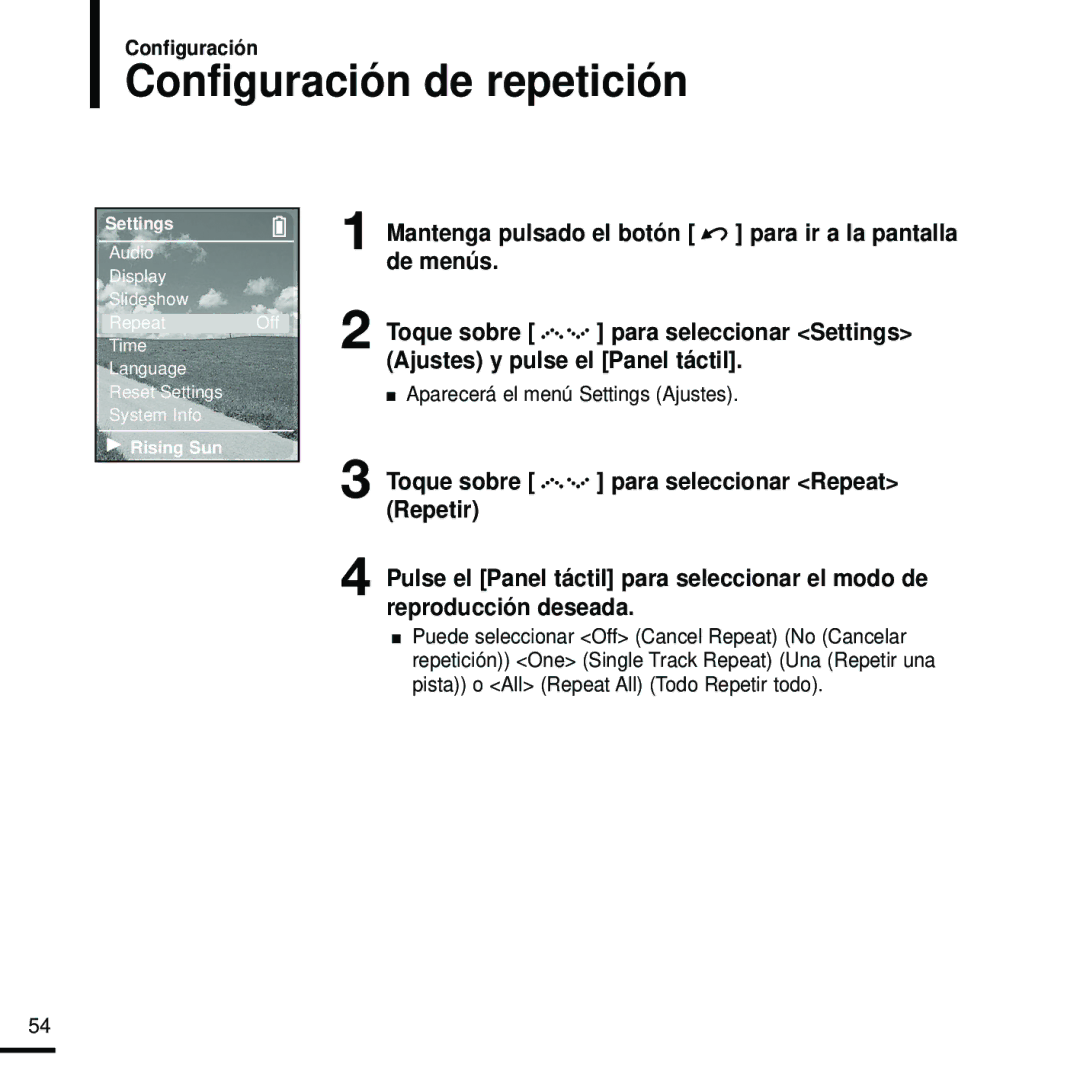 Samsung YP-Z5FAB/XET, YP-Z5FZS/XET, YP-Z5FQS/ELS manual Configuración de repetición, Aparecerá el menú Settings Ajustes 