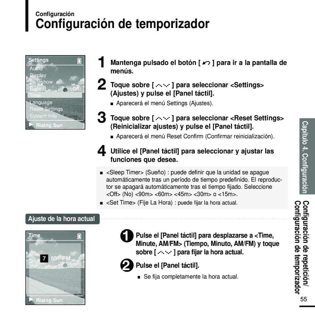 Samsung YP-Z5FAB/OMX, YP-Z5FZS/XET, YP-Z5FQS/ELS Configuración de temporizador, Ajuste de la hora actual, De repetición 