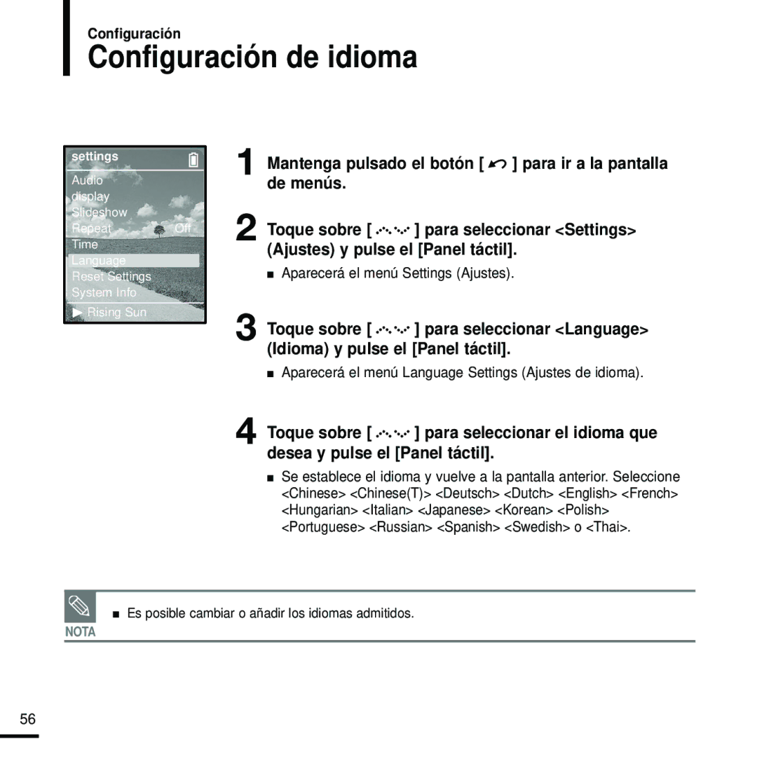 Samsung YP-Z5FZB/OMX, YP-Z5FZS/XET manual Configuración de idioma, Aparecerá el menú Language Settings Ajustes de idioma 