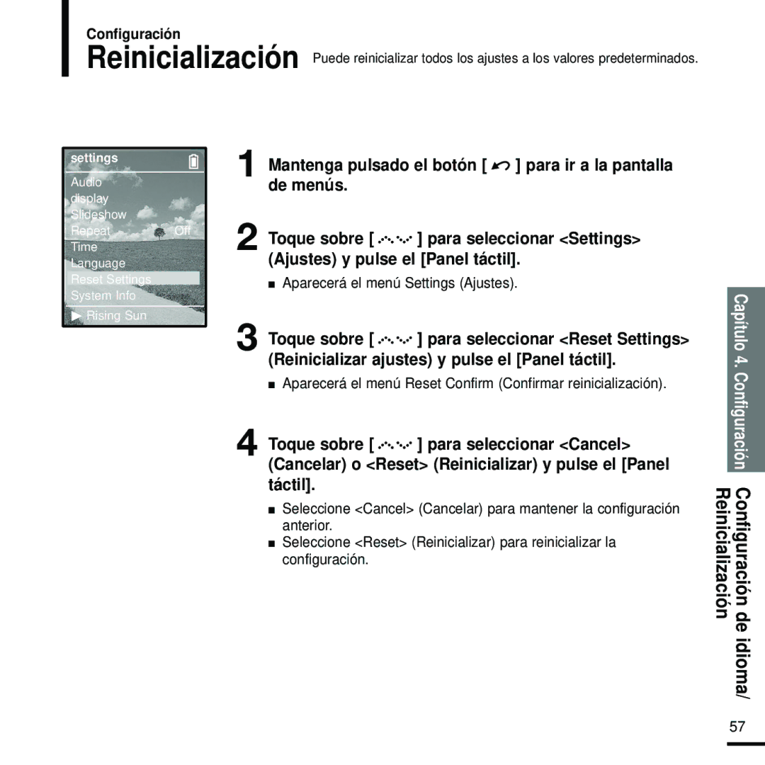 Samsung YP-Z5FQB/OMX, YP-Z5FZS/XET, YP-Z5FQS/ELS, YP-Z5FZW/XET, YP-Z5QB/ELS manual Reinicialización, Mantenga pulsado el botón 