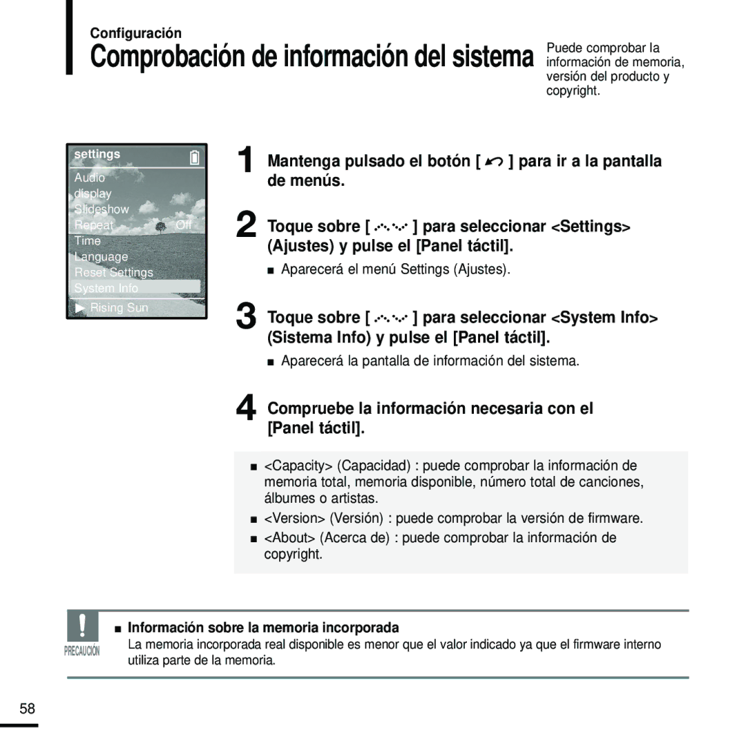 Samsung YP-Z5ZB/ELS manual Compruebe la información necesaria con el Panel táctil, Información sobre la memoria incorporada 