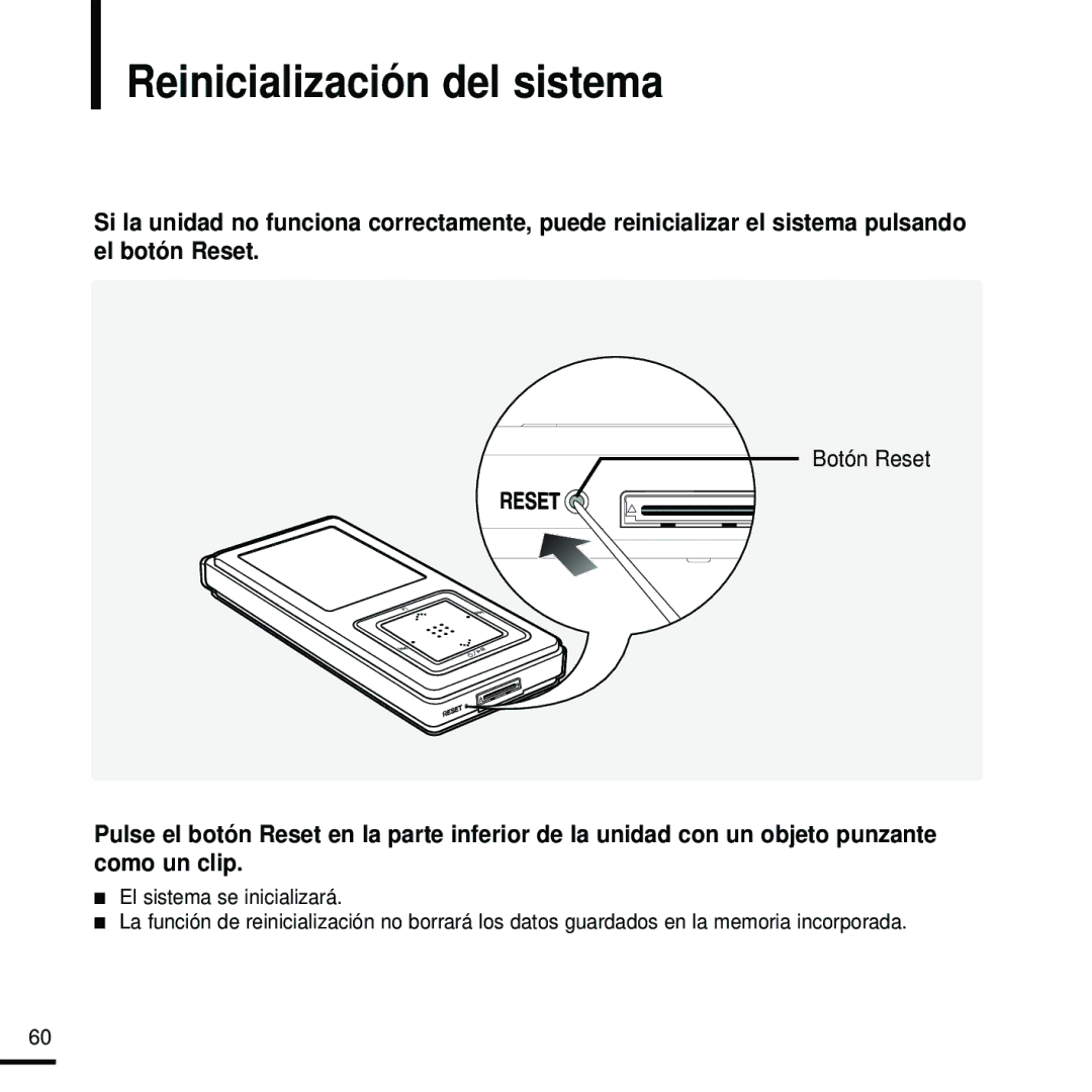 Samsung YP-Z5FZS/XET, YP-Z5FQS/ELS, YP-Z5FZW/XET, YP-Z5QB/ELS, YP-Z5FZP/XET manual Reinicialización del sistema, Botón Reset 