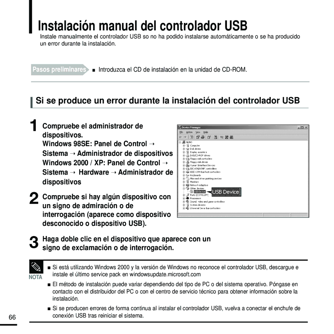 Samsung YP-Z5FQW/XET, YP-Z5FZS/XET Instalación manual del controlador USB, Compruebe el administrador de dispositivos 