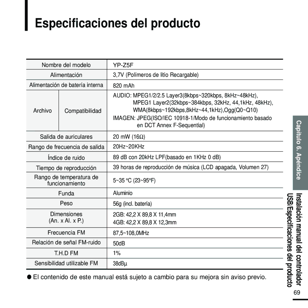 Samsung YP-Z5FAB/XET, YP-Z5FZS/XET, YP-Z5FQS/ELS, YP-Z5FZW/XET, YP-Z5QB/ELS, YP-Z5FZP/XET manual Especificaciones del producto 