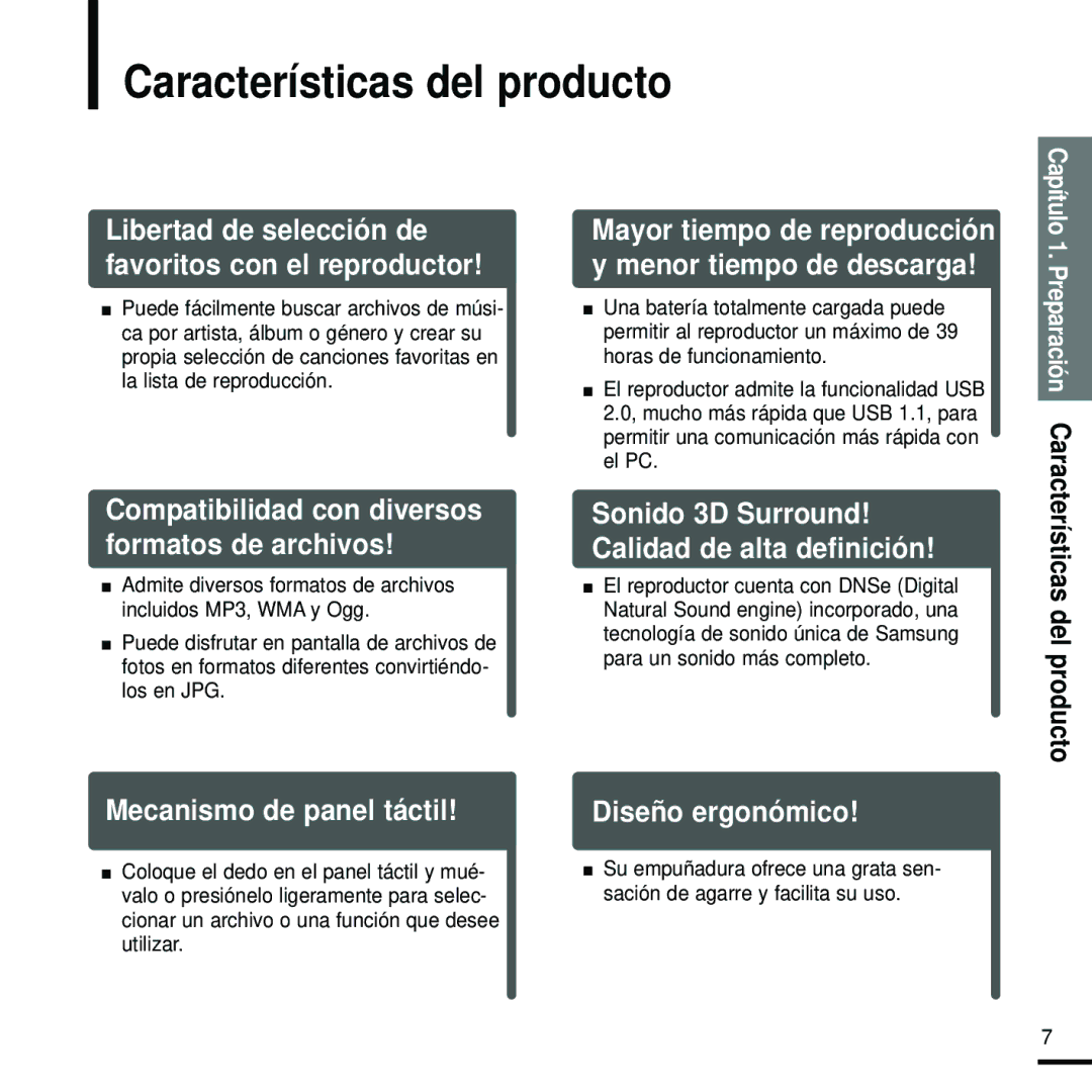 Samsung YP-Z5FQS/XET manual Características del producto, Mayor tiempo de reproducción, Capítulo, Ísticas del producto 