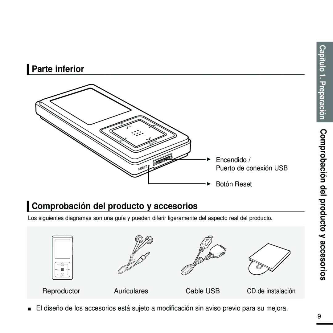 Samsung YP-Z5FAB/XET Parte inferior, Comprobación del producto y accesorios, Encendido Puerto de conexión USB Botón Reset 