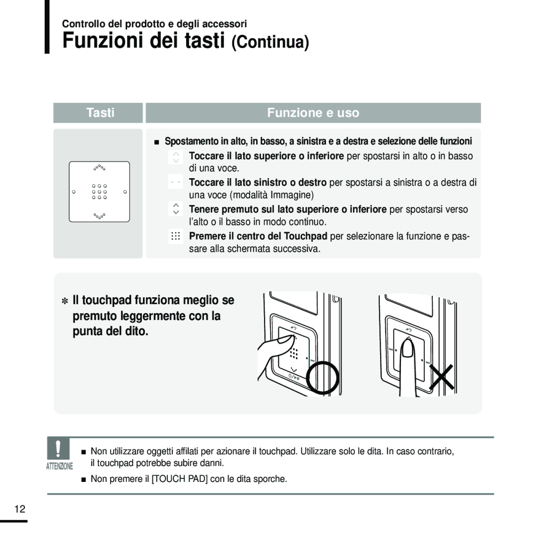 Samsung YP-Z5QB/ELS, YP-Z5FZW/XET, YP-Z5FZP/XET, YP-Z5FZB/XET, YP-Z5FQW/XET, YP-Z5FQS/XET manual Funzioni dei tasti Continua 