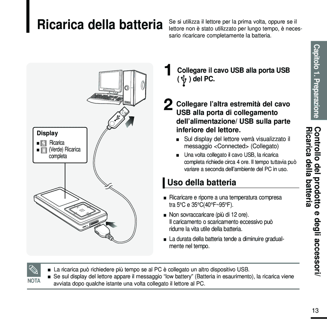 Samsung YP-Z5FZP/XET, YP-Z5FZW/XET, YP-Z5QB/ELS, YP-Z5FZB/XET manual Uso della batteria, Ricarica della Controllo del, Display 