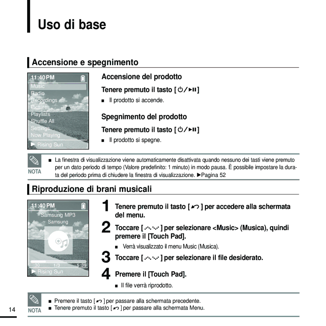 Samsung YP-Z5FZB/XET, YP-Z5FZW/XET, YP-Z5QB/ELS manual Uso di base, Accensione e spegnimento, Riproduzione di brani musicali 