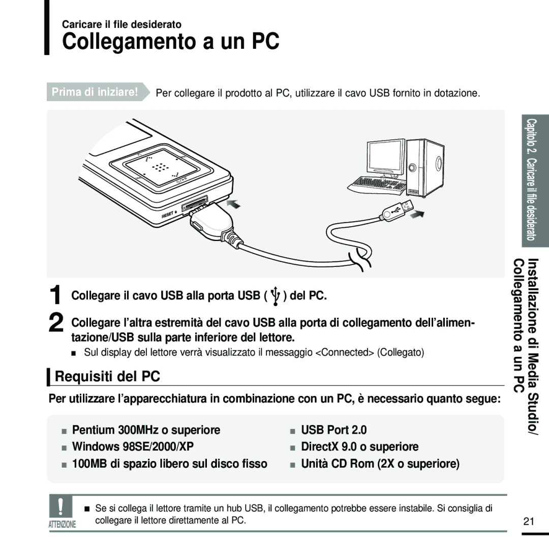 Samsung YP-Z5FAB/XET, YP-Z5FZW/XET Collegamento a un PC, Requisiti del PC, Collegare il cavo USB alla porta USB del PC 