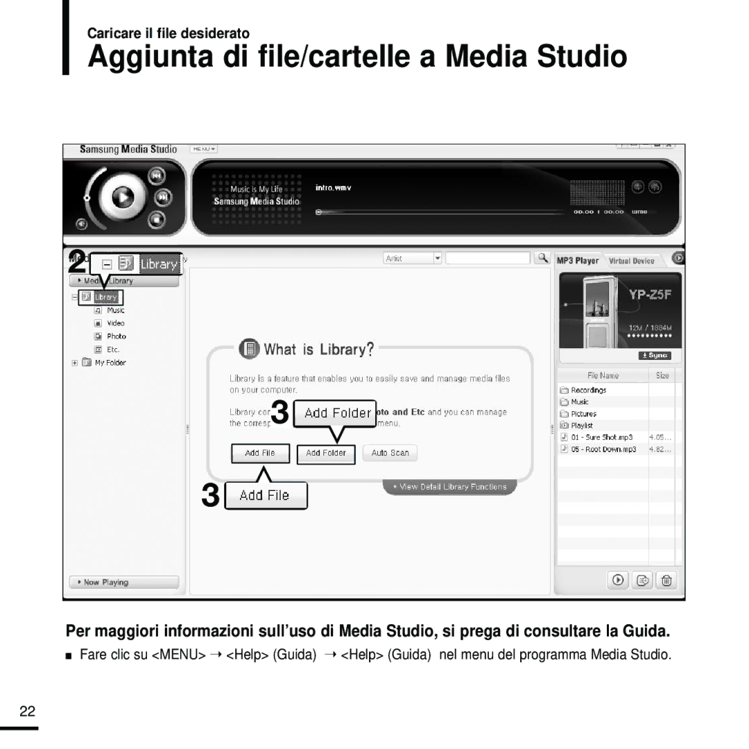 Samsung YP-Z5FZW/XET, YP-Z5QB/ELS, YP-Z5FZP/XET, YP-Z5FZB/XET, YP-Z5FQW/XET manual Aggiunta di file/cartelle a Media Studio 