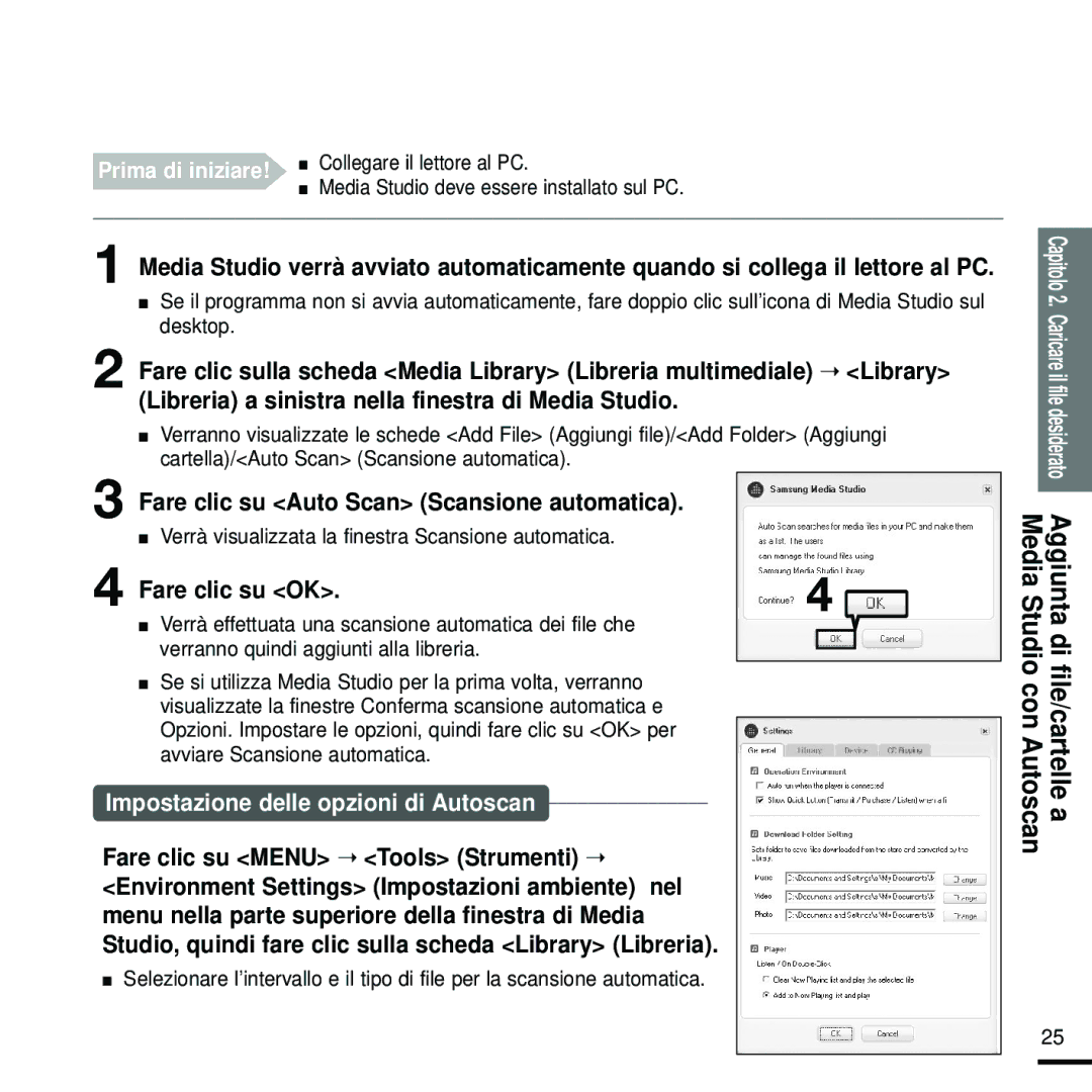 Samsung YP-Z5FZB/XET manual Fare clic su Auto Scan Scansione automatica, Fare clic su OK, Fare clic su Menu Tools Strumenti 