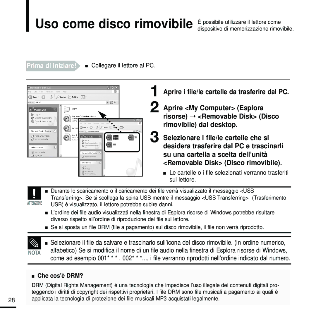 Samsung YP-Z5FAW/XET, YP-Z5FZW/XET, YP-Z5QB/ELS, YP-Z5FZP/XET Prima di iniziare! Collegare il lettore al PC, Che cos’è DRM? 