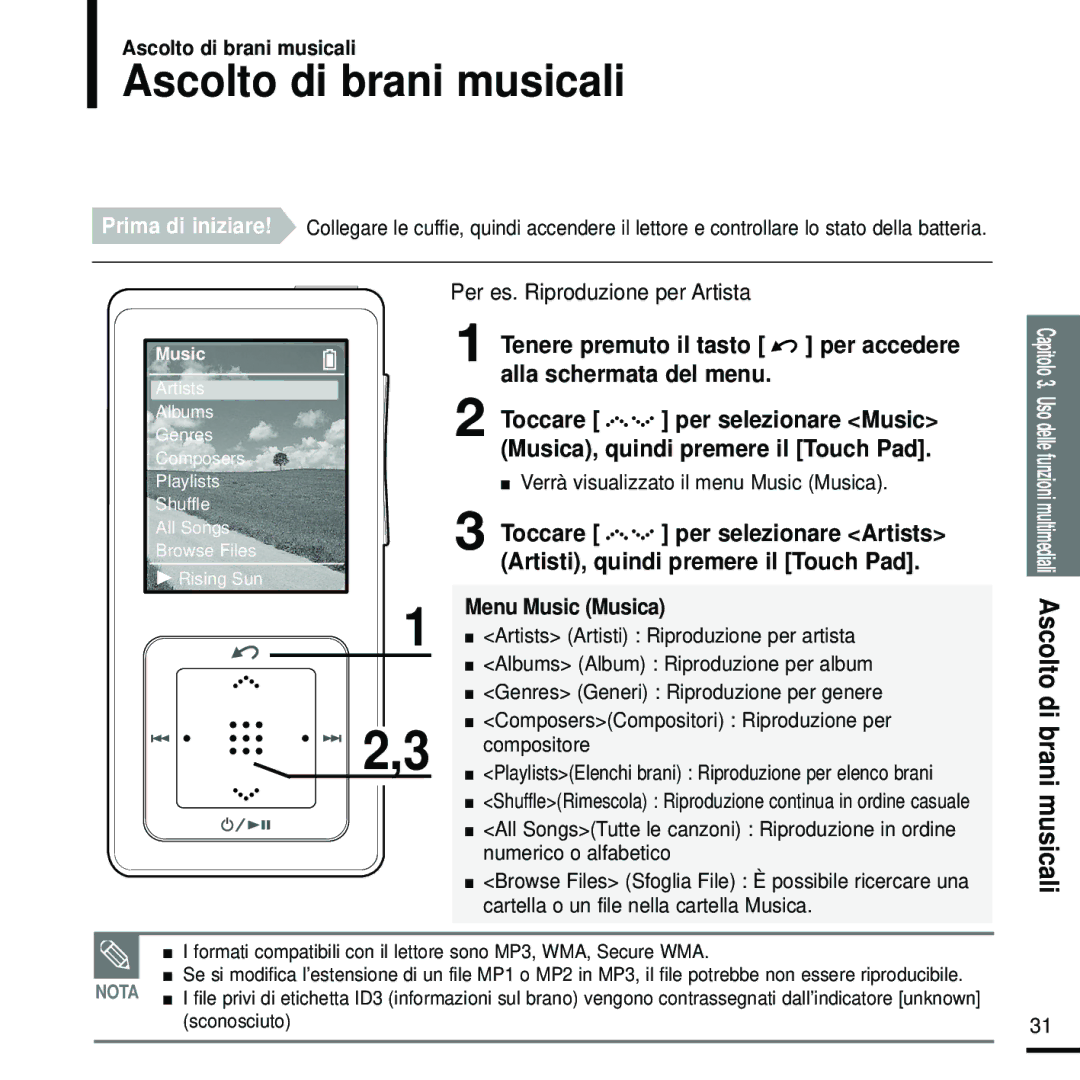 Samsung YP-Z5FQP/XET, YP-Z5FZW/XET manual Ascolto di brani musicali, Per es. Riproduzione per Artista, Menu Music Musica 