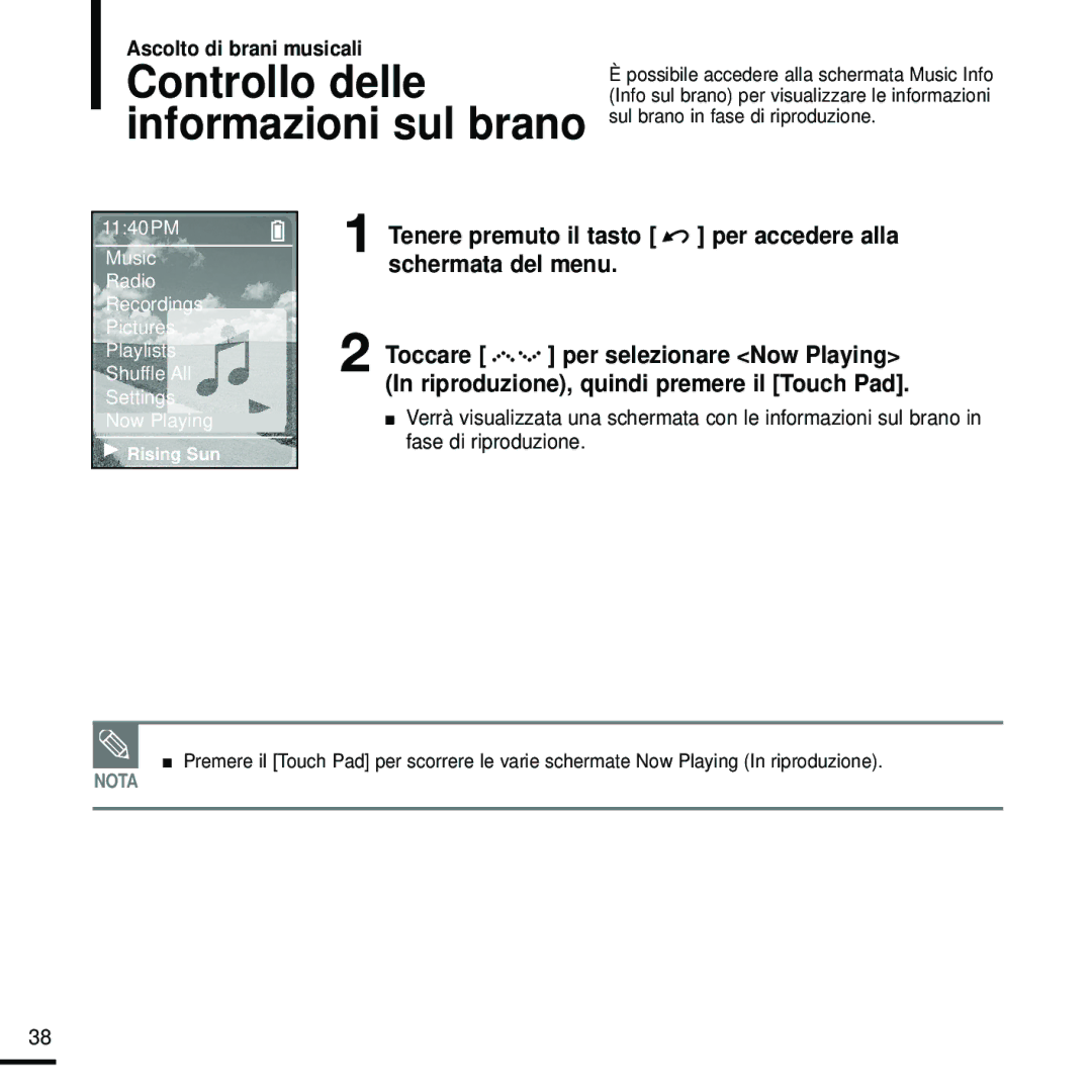 Samsung YP-Z5FQS/XET, YP-Z5FZW/XET, YP-Z5QB/ELS, YP-Z5FZP/XET, YP-Z5FZB/XET manual Controllo delle informazioni sul brano 