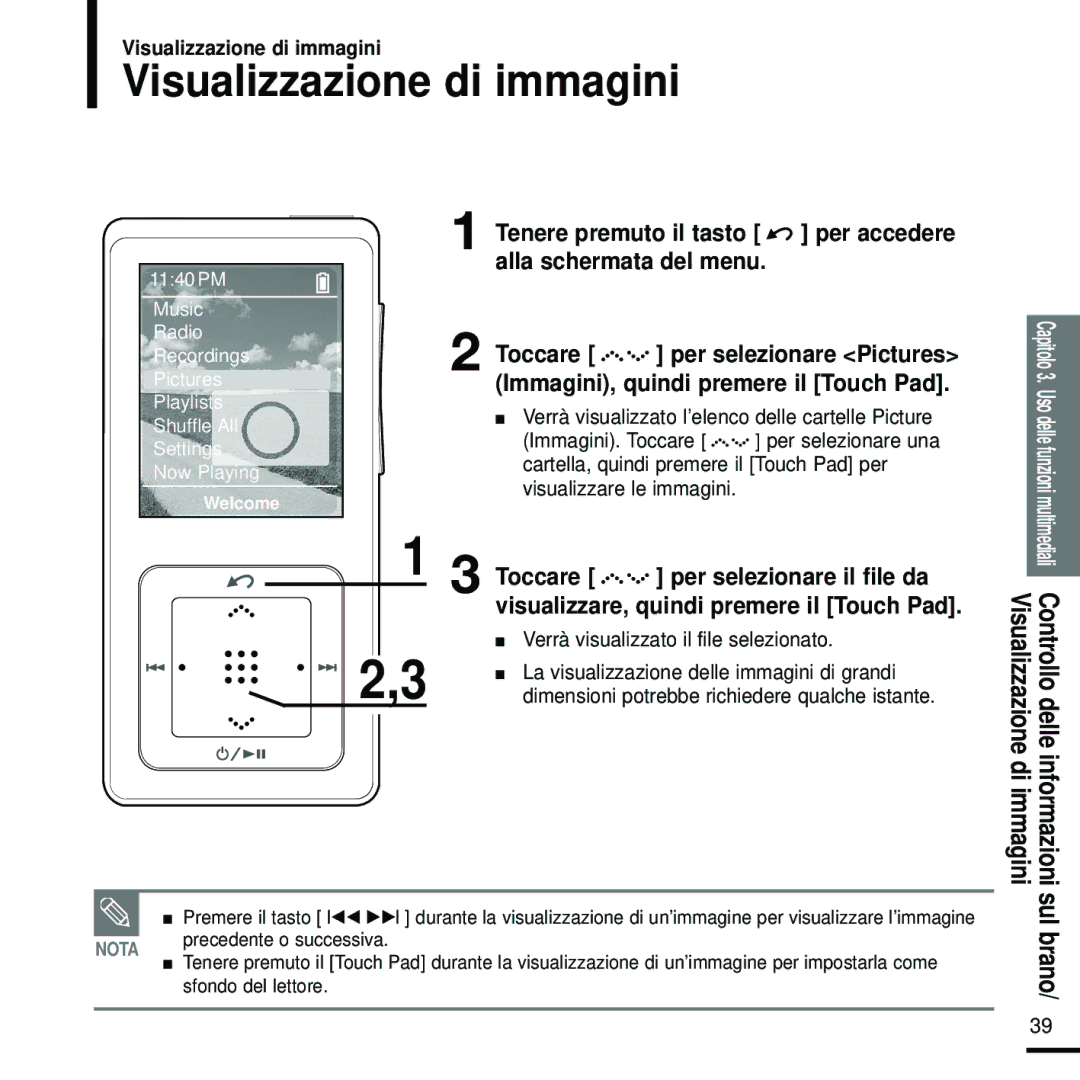 Samsung YP-Z5FAW/XET, YP-Z5FZW/XET, YP-Z5QB/ELS, YP-Z5FZP/XET, YP-Z5FZB/XET, YP-Z5FQW/XET manual Visualizzazione di immagini 