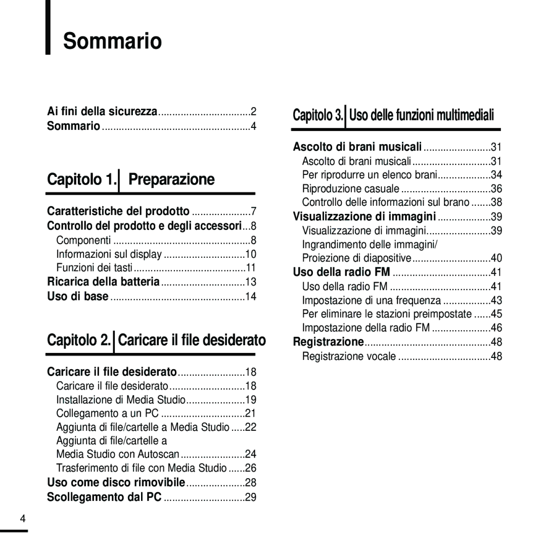 Samsung YP-Z5FQW/XET manual Sommario, Capitolo 2. Caricare il file desiderato, Capitolo 3. Uso delle funzioni multimediali 