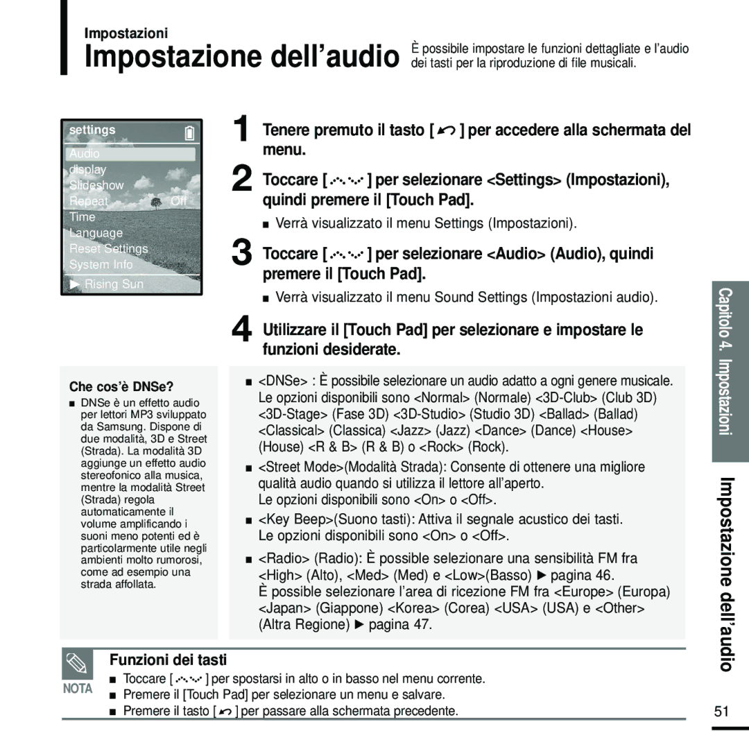 Samsung YP-Z5QP/ELS, YP-Z5FZW/XET, YP-Z5QB/ELS Menu Toccare, Per selezionare Settings Impostazioni, Funzioni dei tasti 