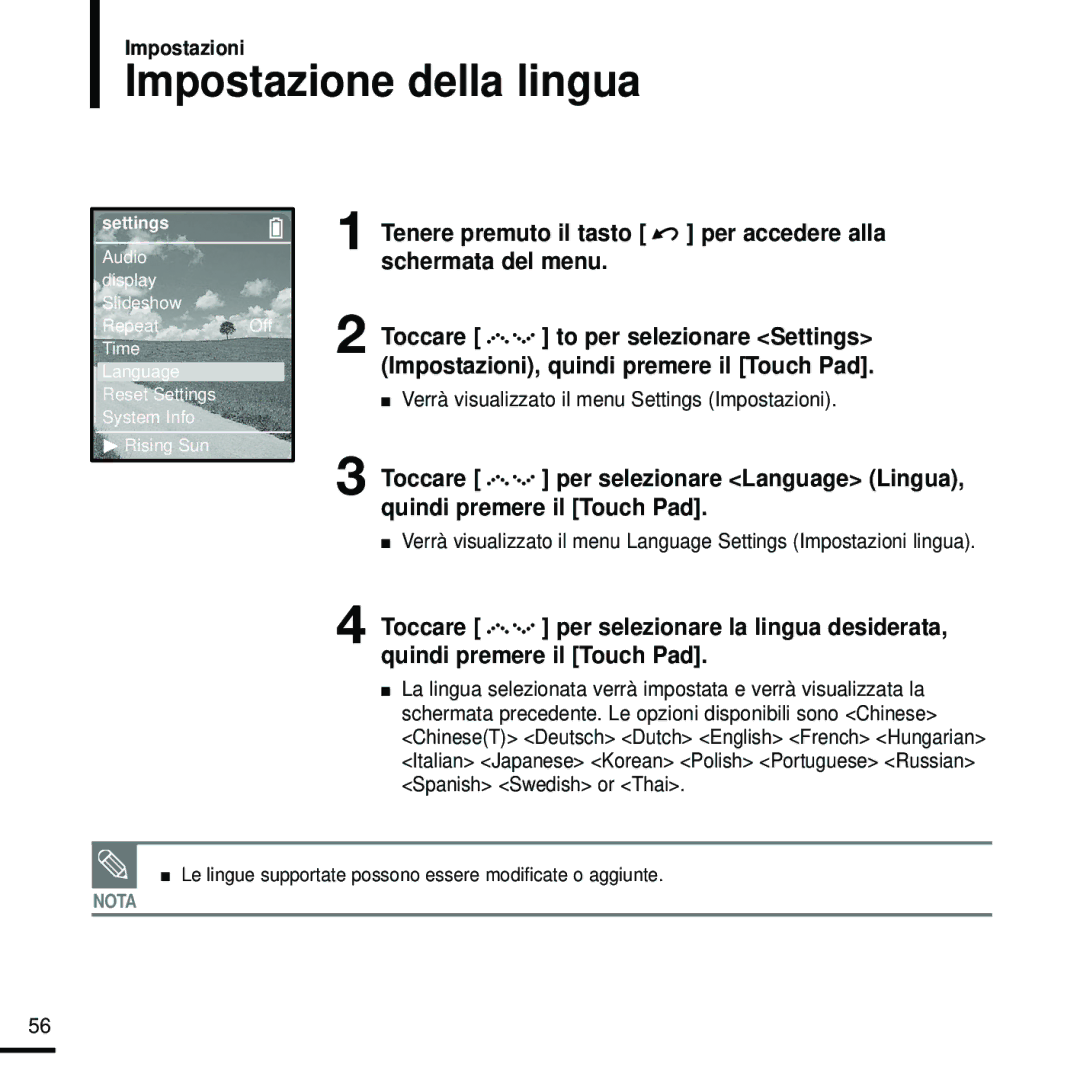 Samsung YP-Z5QB/ELS, YP-Z5FZW/XET, YP-Z5FZP/XET, YP-Z5FZB/XET, YP-Z5FQW/XET, YP-Z5FQS/XET manual Impostazione della lingua 