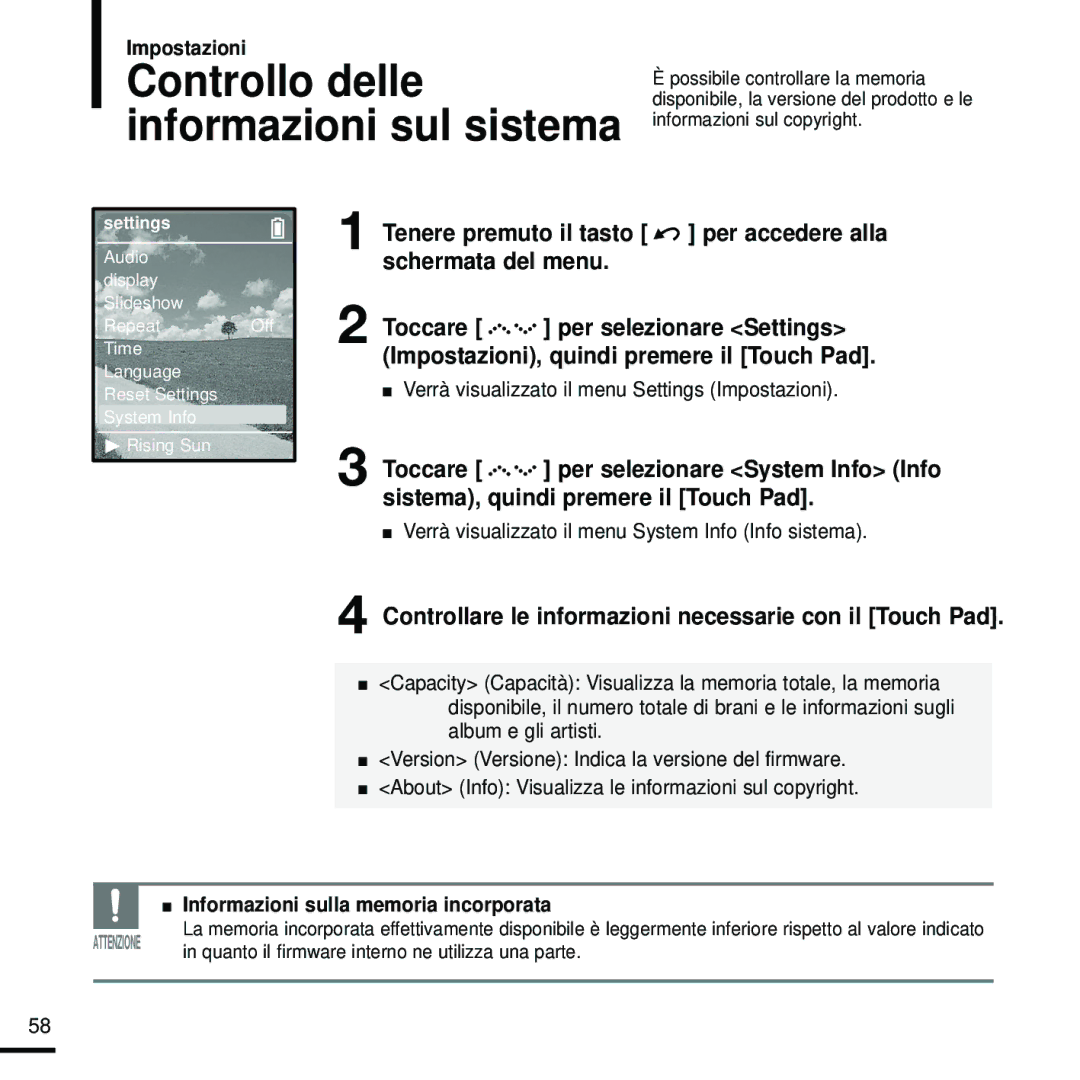 Samsung YP-Z5FZB/XET manual Controllare le informazioni necessarie con il Touch Pad, Informazioni sulla memoria incorporata 