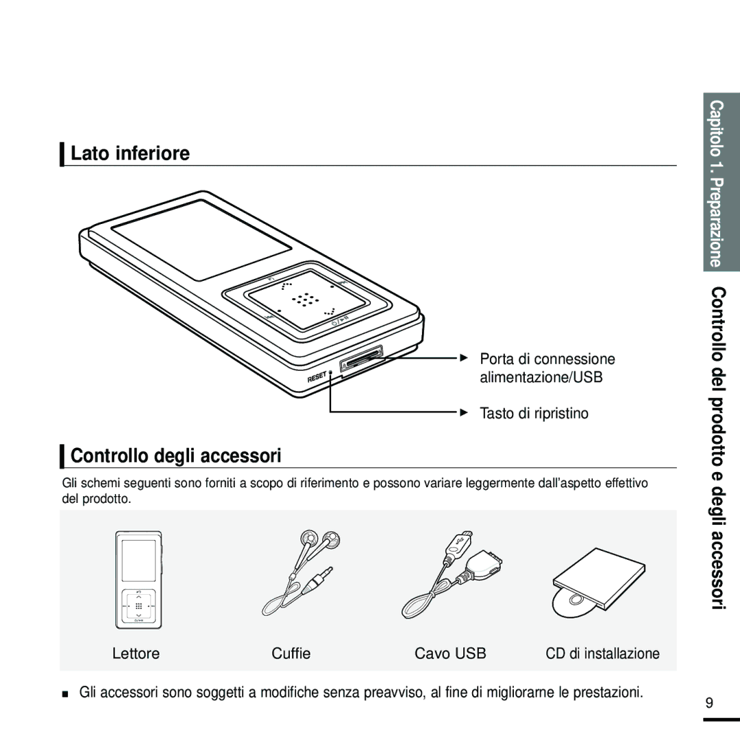 Samsung YP-Z5FQP/XET Lato inferiore, Controllo degli accessori, Porta di connessione alimentazione/USB Tasto di ripristino 