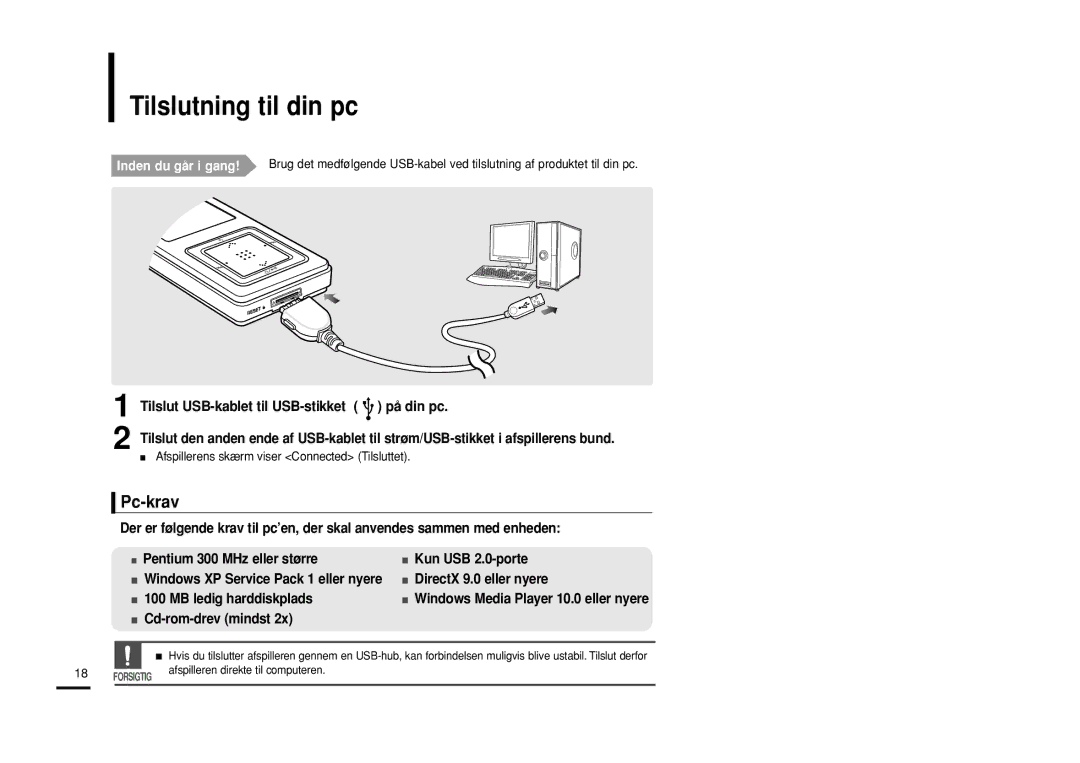 Samsung YP-Z5QB/ELS, YP-Z5AB/ELS, YP-Z5ZS/ELS manual Tilslutning til din pc, Pc-krav, Cd-rom-drev mindst 