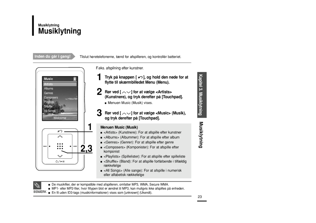 Samsung YP-Z5ZS/ELS, YP-Z5QB/ELS, YP-Z5AB/ELS manual Kapitel 3. Musiklytning Musiklytning, Eks. afspilning efter kunstner 