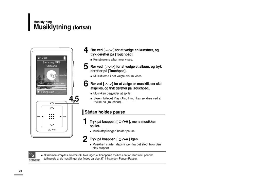 Samsung YP-Z5QB/ELS Musiklytning fortsat, Rør ved for at vælge et album, og tryk derefter på Touchpad, Tryk på knappen 