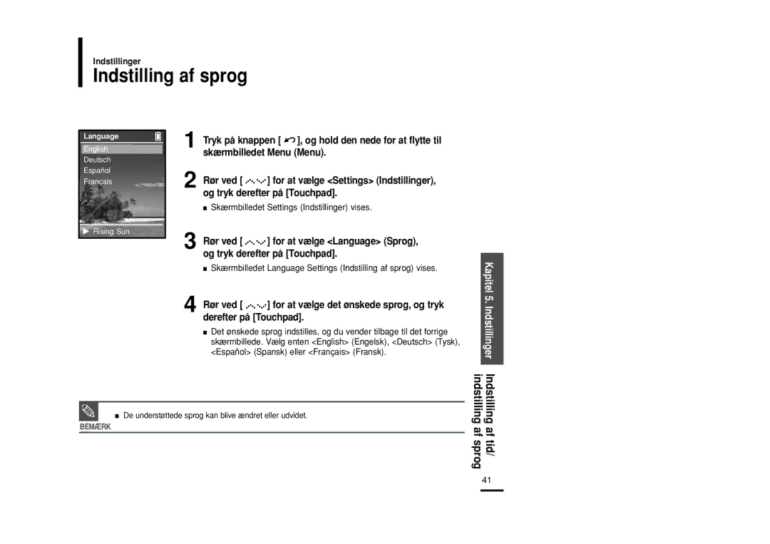 Samsung YP-Z5ZS/ELS, YP-Z5QB/ELS, YP-Z5AB/ELS manual Indstilling af sprog, Indstilling af tid/ indstilling af sprog 