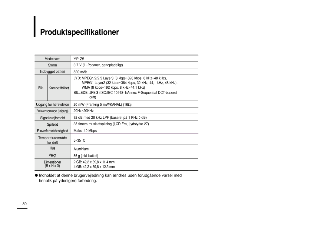 Samsung YP-Z5ZS/ELS, YP-Z5QB/ELS, YP-Z5AB/ELS manual Produktspecifikationer 