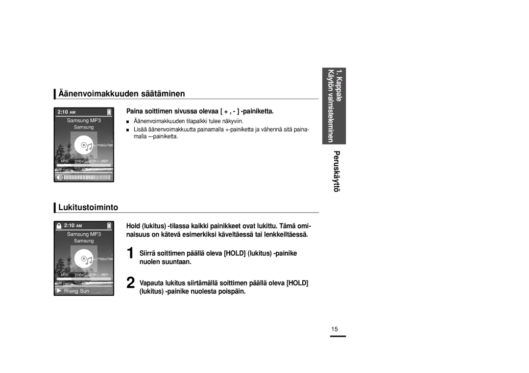 Samsung YP-Z5QB/ELS, YP-Z5AB/ELS, YP-Z5ZS/ELS manual Äänenvoimakkuuden säätäminen, Lukitustoiminto 