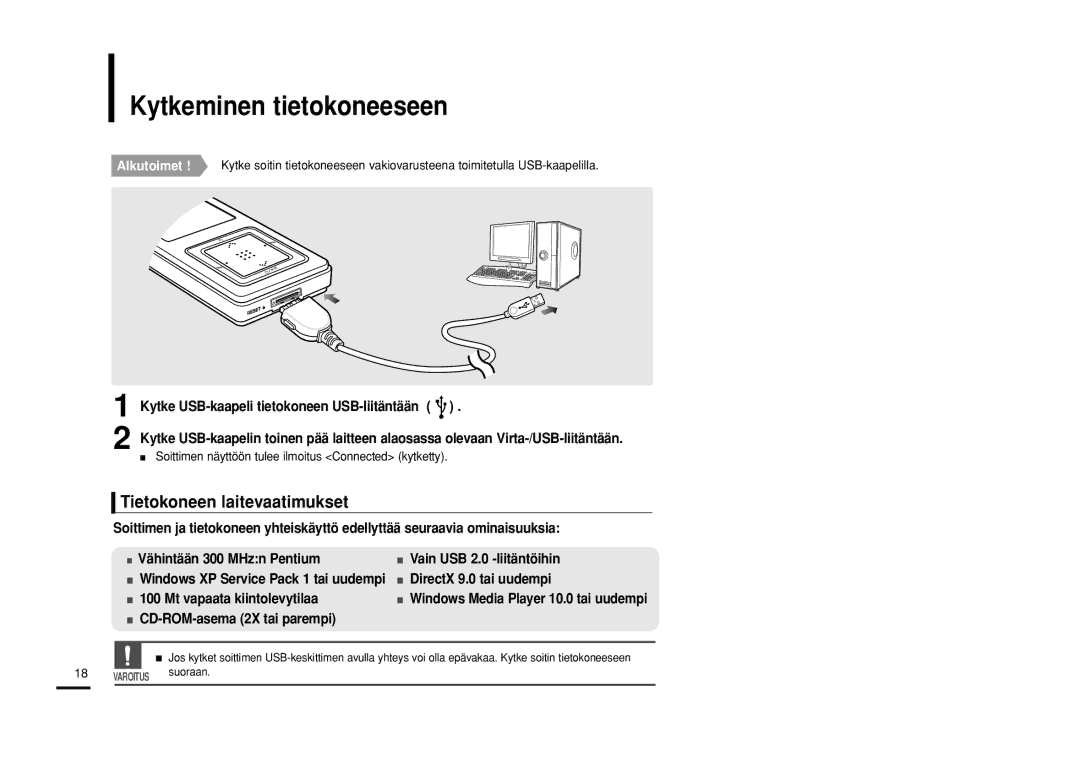 Samsung YP-Z5QB/ELS, YP-Z5AB/ELS manual Kytkeminen tietokoneeseen, Tietokoneen laitevaatimukset, CD-ROM-asema 2X tai parempi 