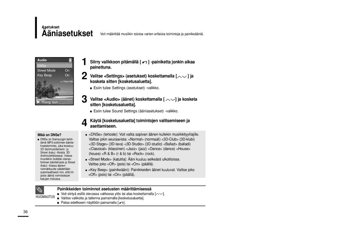 Samsung YP-Z5QB/ELS, YP-Z5AB/ELS Asetukset, Esiin tulee Settings asetukset -valikko, Valitse Audio äänet koskettamalla 