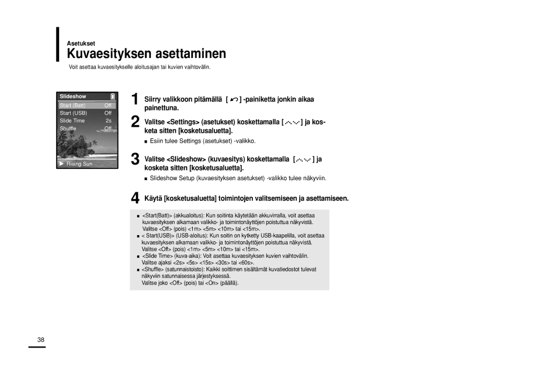 Samsung YP-Z5ZS/ELS, YP-Z5QB/ELS, YP-Z5AB/ELS manual Kuvaesityksen asettaminen, Valitse Slideshow kuvaesitys koskettamalla 