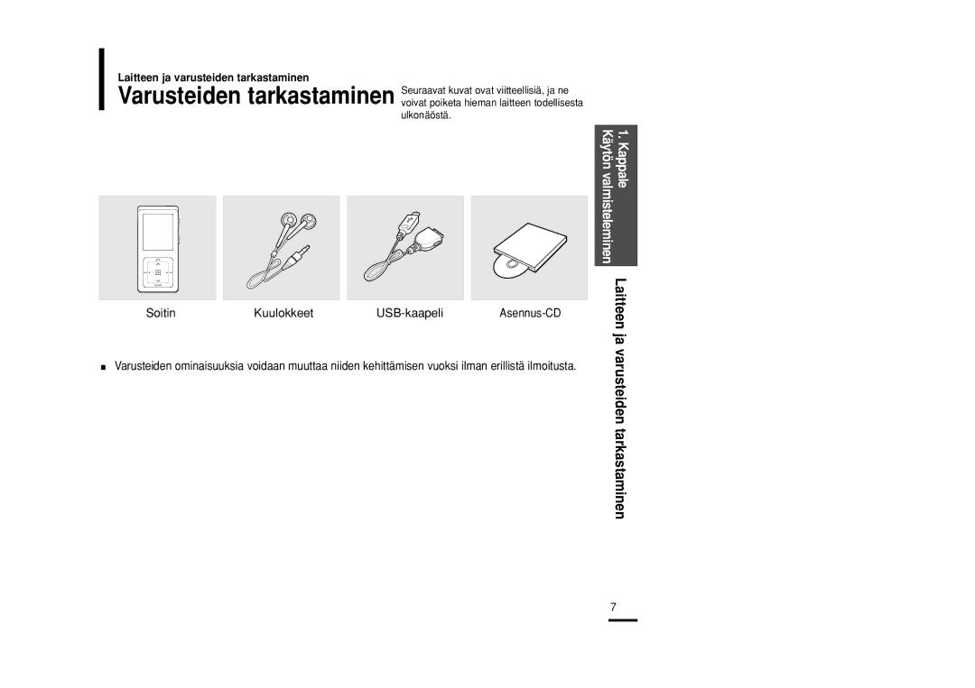 Samsung YP-Z5AB/ELS, YP-Z5QB/ELS, YP-Z5ZS/ELS manual Laitteen ja varusteiden tarkastaminen, Soitin Kuulokkeet USB-kaapeli 