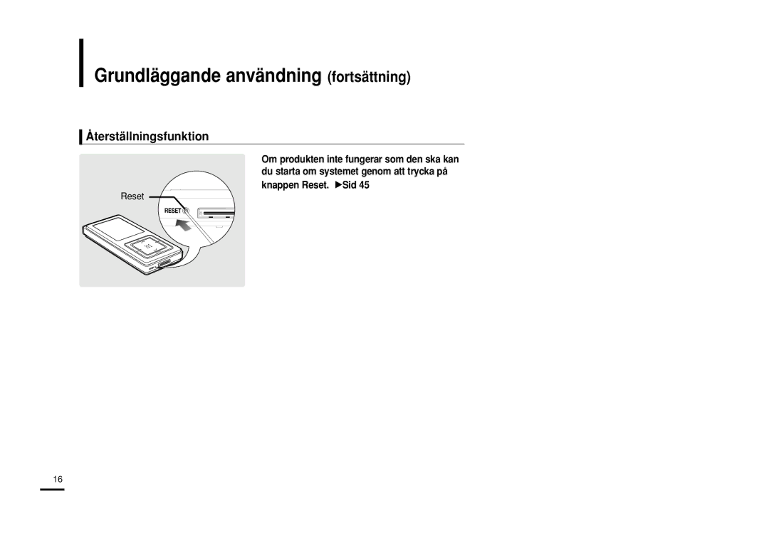 Samsung YP-Z5AB/ELS, YP-Z5QB/ELS, YP-Z5ZS/ELS manual Grundläggande användning fortsättning, Återställningsfunktion 