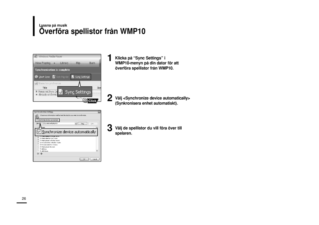 Samsung YP-Z5ZS/ELS, YP-Z5QB/ELS manual Överföra spellistor från WMP10, Välj de spellistor du vill föra över till spelaren 