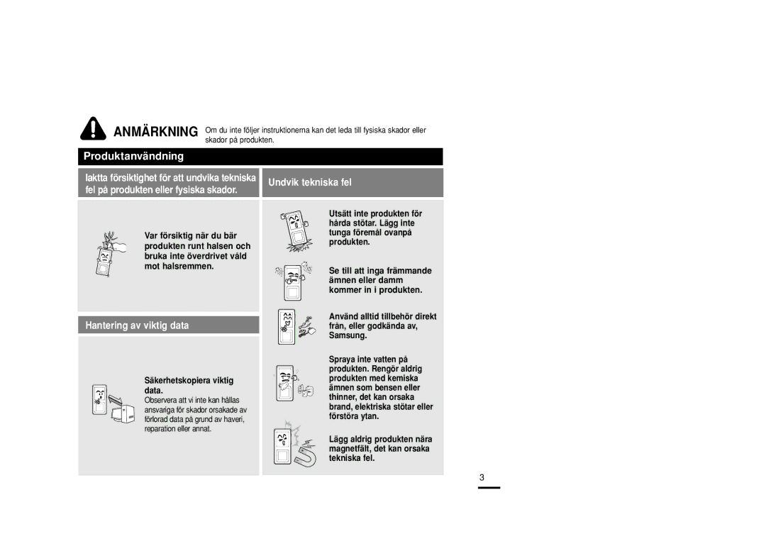 Samsung YP-Z5QB/ELS, YP-Z5AB/ELS, YP-Z5ZS/ELS manual Hantering av viktig data, Säkerhetskopiera viktig data 