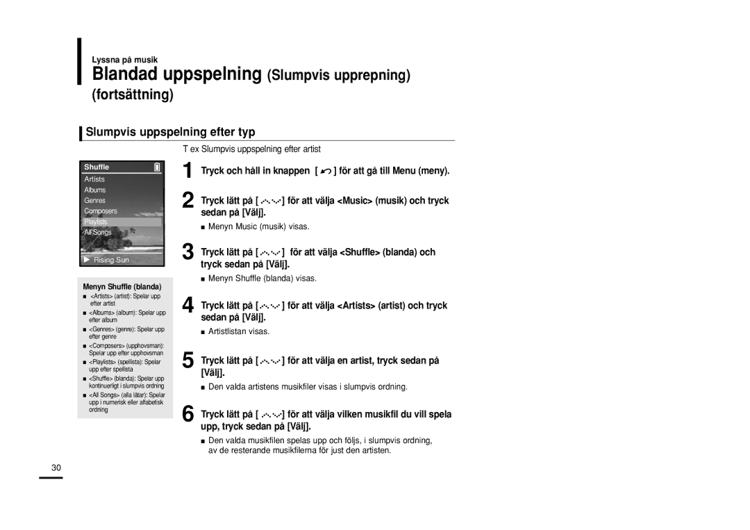 Samsung YP-Z5QB/ELS, YP-Z5AB/ELS, YP-Z5ZS/ELS manual Slumpvis uppspelning efter typ, Välj 